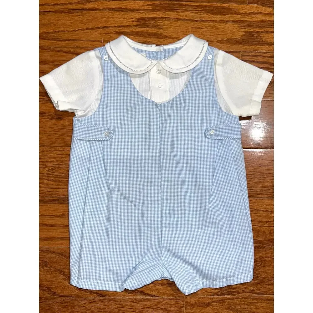Petit Ami Baby Boys Blue Gingham Side Tab Peter Pan Collar Romper Size Newborn